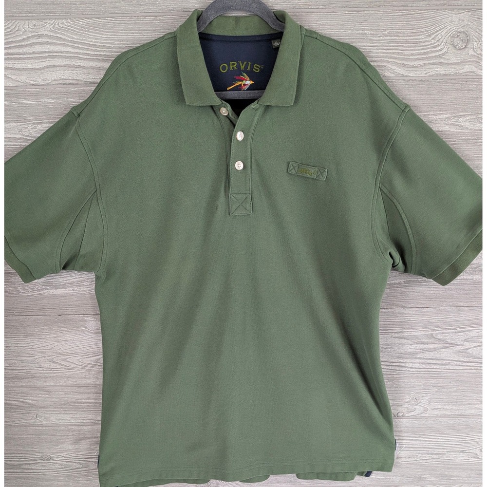 Orvis Mens XL Olive Green Pique Cotton Short Sleeve Polo Shirt Utility Loop Fly